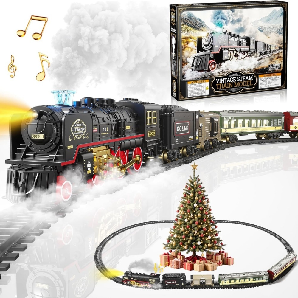 Toy Train Track Set - ライトとサウンド付き電車のおもちゃ クリスマスツリーの下に置く電車セット、線路付き機関車模型 誕生日プレゼント