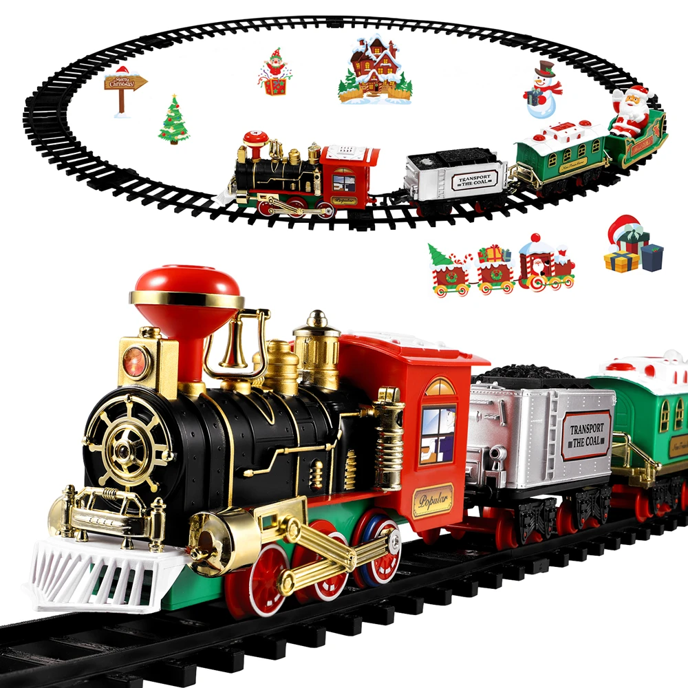 Toy Train Track Set - 子供のためのクリスマスパーティーミニ機関車,ライト付きモデル,音,水蒸気,鉄道キット,電気トラック,おもちゃ,ギフト