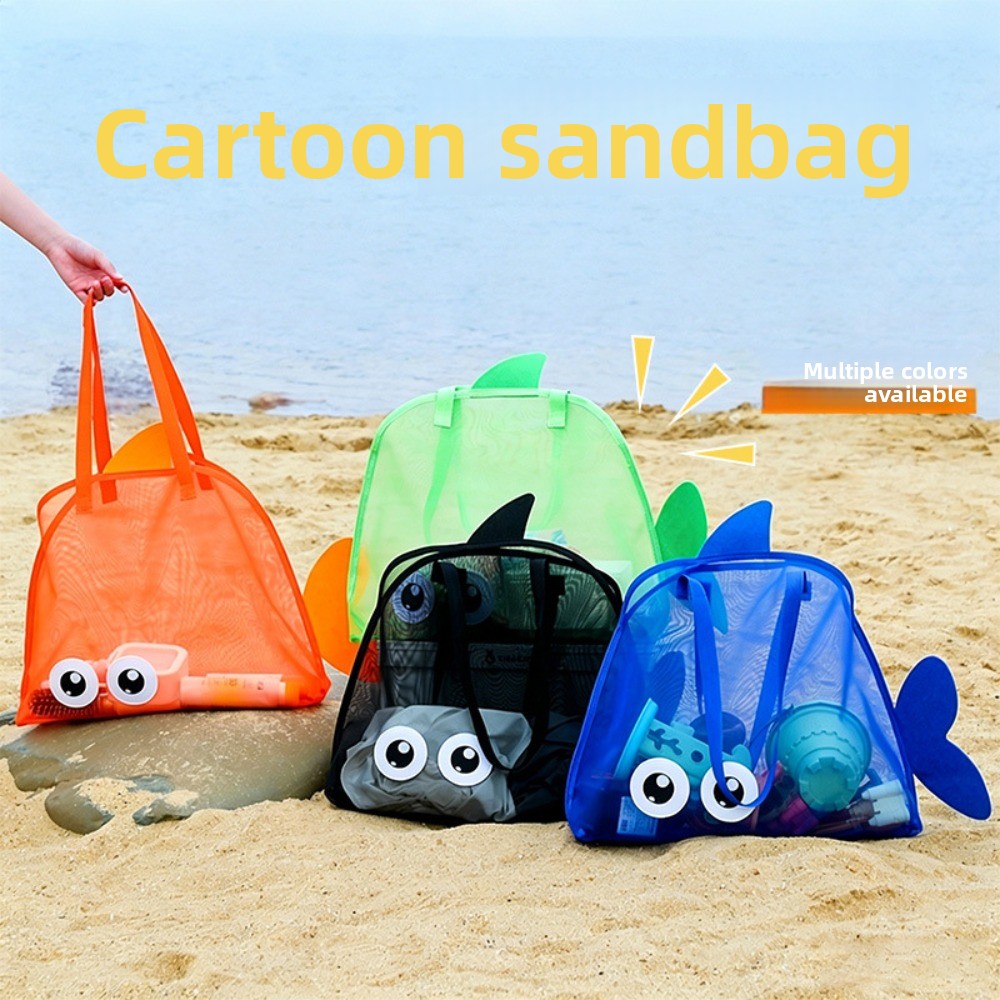 Kids Toys Shop - キッズメッシュビーチバッグ カラフルな漫画のサメ 動物 砂が入らない 速乾性 シェルおもちゃ収納オーガナイザー
