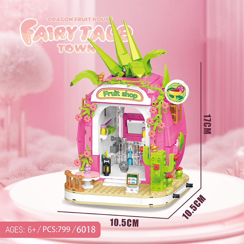Kids Toys Shop - クリエイティブシティストリートビュータウンビルディングブリックドラゴンフルーツショップハウスミニブロック組み立ておもちゃライト付き子供向けギフト